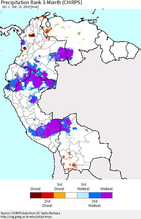 Northern South America Precipitation Rank since 1981, 3-Month (CHIRPS) Thematic Map For 10/1/2019 - 12/31/2019