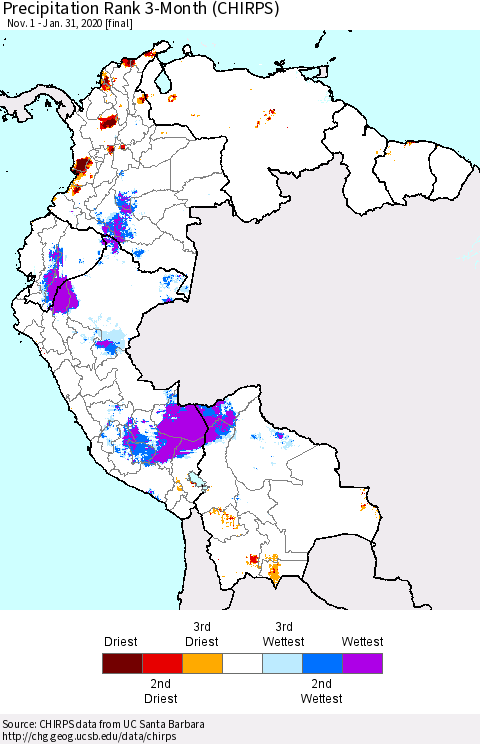 Northern South America Precipitation Rank 3-Month (CHIRPS) Thematic Map For 11/1/2019 - 1/31/2020