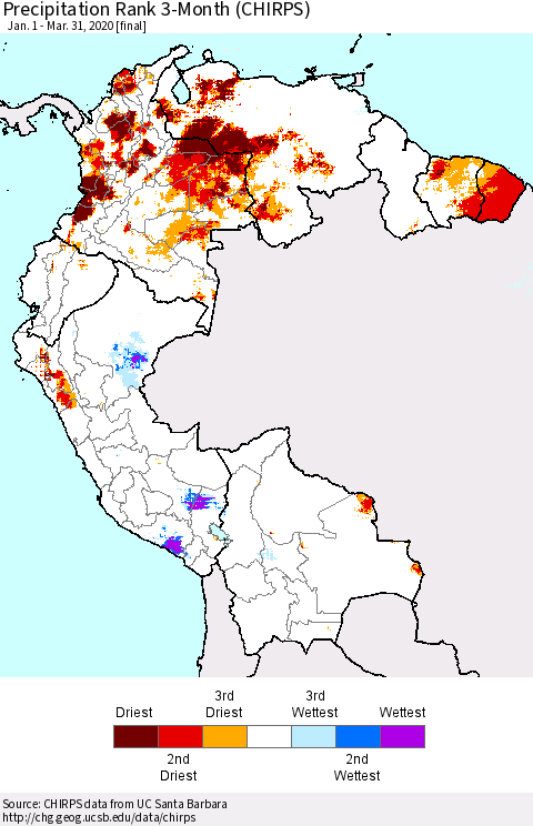 Northern South America Precipitation Rank 3-Month (CHIRPS) Thematic Map For 1/1/2020 - 3/31/2020