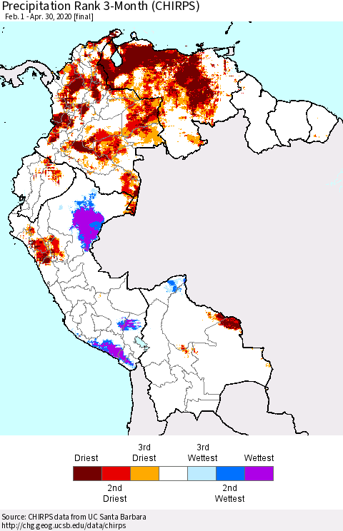 Northern South America Precipitation Rank 3-Month (CHIRPS) Thematic Map For 2/1/2020 - 4/30/2020