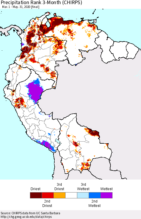 Northern South America Precipitation Rank 3-Month (CHIRPS) Thematic Map For 3/1/2020 - 5/31/2020