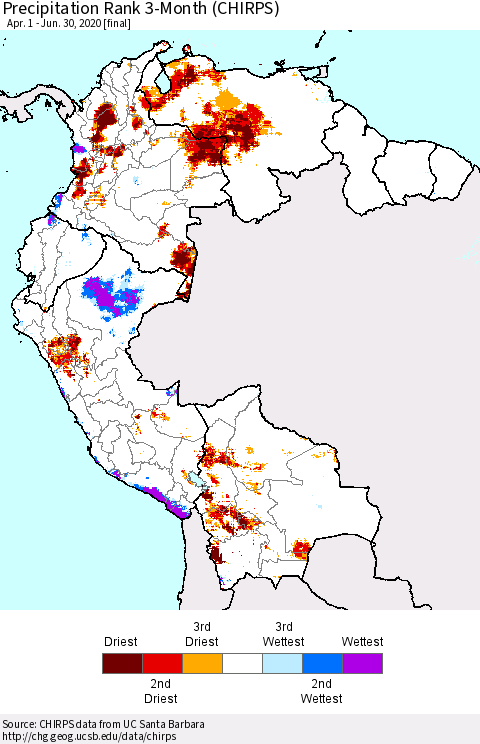 Northern South America Precipitation Rank 3-Month (CHIRPS) Thematic Map For 4/1/2020 - 6/30/2020