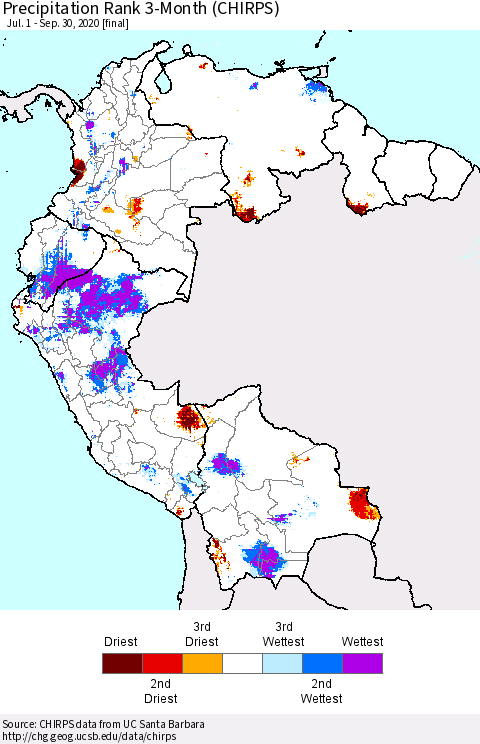 Northern South America Precipitation Rank 3-Month (CHIRPS) Thematic Map For 7/1/2020 - 9/30/2020