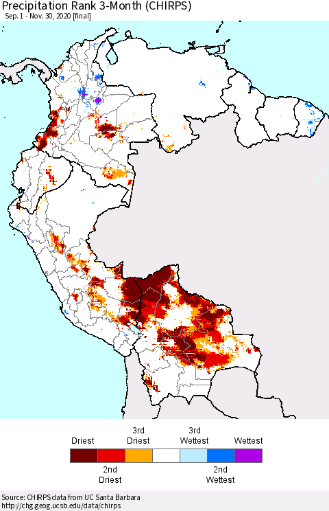 Northern South America Precipitation Rank 3-Month (CHIRPS) Thematic Map For 9/1/2020 - 11/30/2020