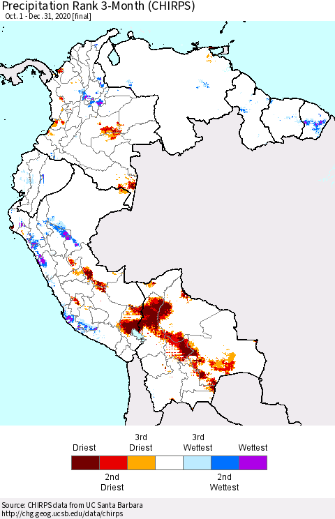 Northern South America Precipitation Rank since 1981, 3-Month (CHIRPS) Thematic Map For 10/1/2020 - 12/31/2020