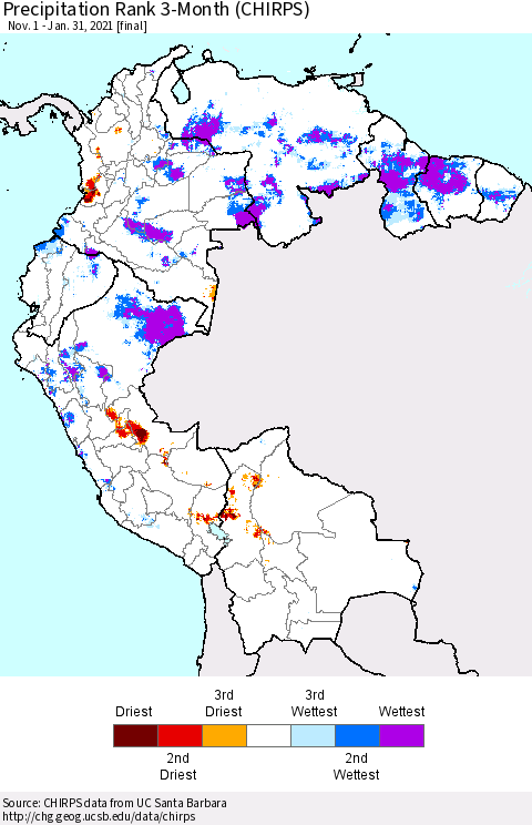 Northern South America Precipitation Rank 3-Month (CHIRPS) Thematic Map For 11/1/2020 - 1/31/2021