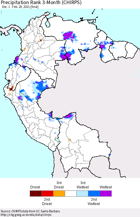 Northern South America Precipitation Rank 3-Month (CHIRPS) Thematic Map For 12/1/2020 - 2/28/2021
