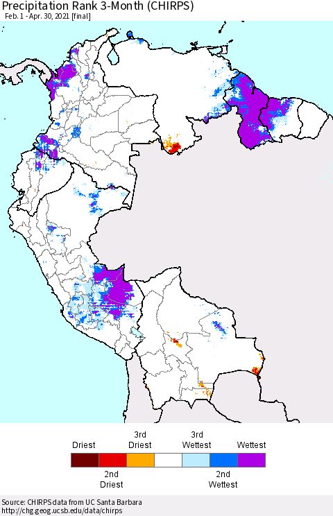 Northern South America Precipitation Rank 3-Month (CHIRPS) Thematic Map For 2/1/2021 - 4/30/2021