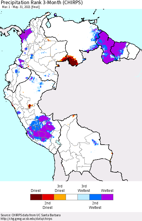 Northern South America Precipitation Rank 3-Month (CHIRPS) Thematic Map For 3/1/2021 - 5/31/2021