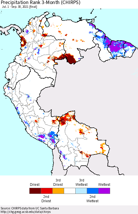 Northern South America Precipitation Rank since 1981, 3-Month (CHIRPS) Thematic Map For 7/1/2021 - 9/30/2021