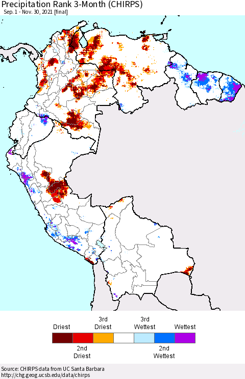 Northern South America Precipitation Rank 3-Month (CHIRPS) Thematic Map For 9/1/2021 - 11/30/2021