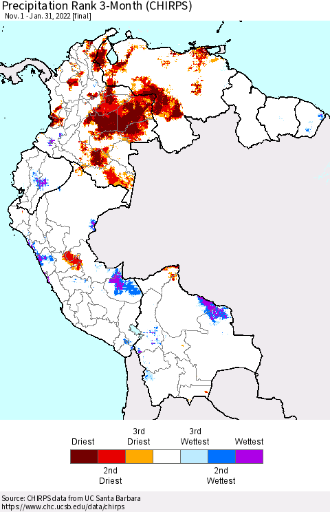 Northern South America Precipitation Rank since 1981, 3-Month (CHIRPS) Thematic Map For 11/1/2021 - 1/31/2022