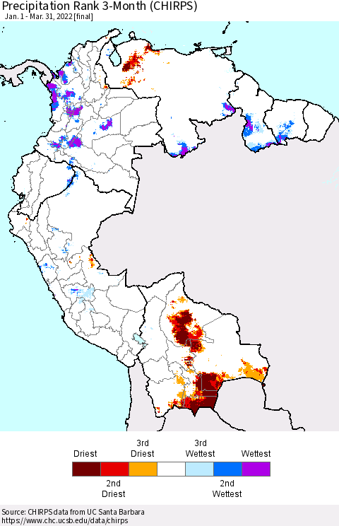 Northern South America Precipitation Rank since 1981, 3-Month (CHIRPS) Thematic Map For 1/1/2022 - 3/31/2022