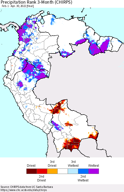 Northern South America Precipitation Rank since 1981, 3-Month (CHIRPS) Thematic Map For 2/1/2022 - 4/30/2022