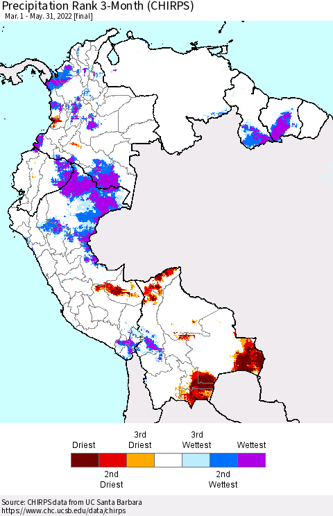 Northern South America Precipitation Rank since 1981, 3-Month (CHIRPS) Thematic Map For 3/1/2022 - 5/31/2022