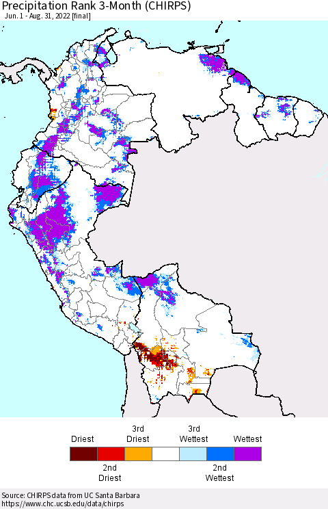 Northern South America Precipitation Rank 3-Month (CHIRPS) Thematic Map For 6/1/2022 - 8/31/2022