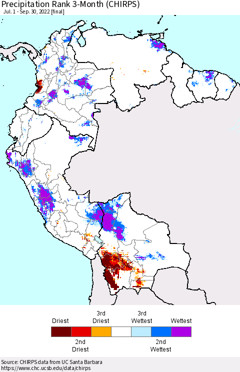 Northern South America Precipitation Rank 3-Month (CHIRPS) Thematic Map For 7/1/2022 - 9/30/2022