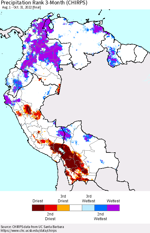 Northern South America Precipitation Rank 3-Month (CHIRPS) Thematic Map For 8/1/2022 - 10/31/2022