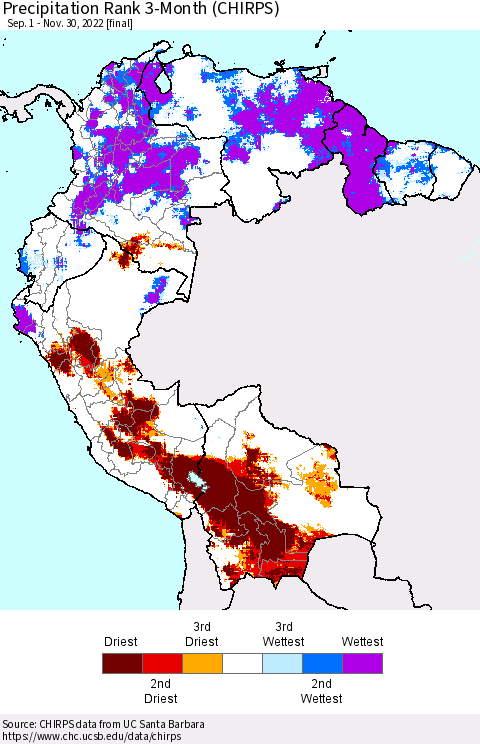 Northern South America Precipitation Rank 3-Month (CHIRPS) Thematic Map For 9/1/2022 - 11/30/2022