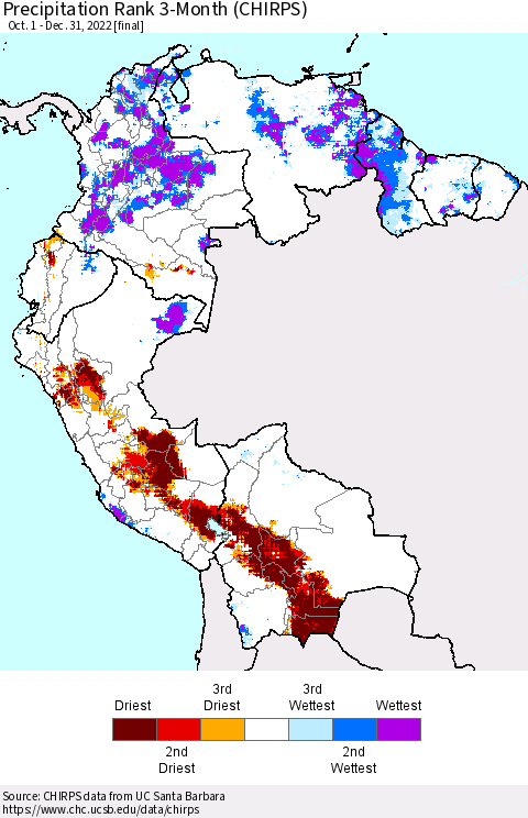 Northern South America Precipitation Rank since 1981, 3-Month (CHIRPS) Thematic Map For 10/1/2022 - 12/31/2022