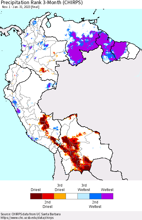 Northern South America Precipitation Rank since 1981, 3-Month (CHIRPS) Thematic Map For 11/1/2022 - 1/31/2023