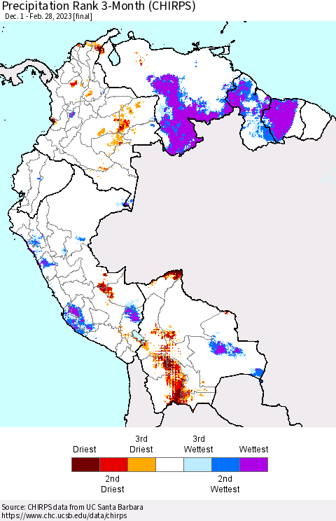 Northern South America Precipitation Rank 3-Month (CHIRPS) Thematic Map For 12/1/2022 - 2/28/2023