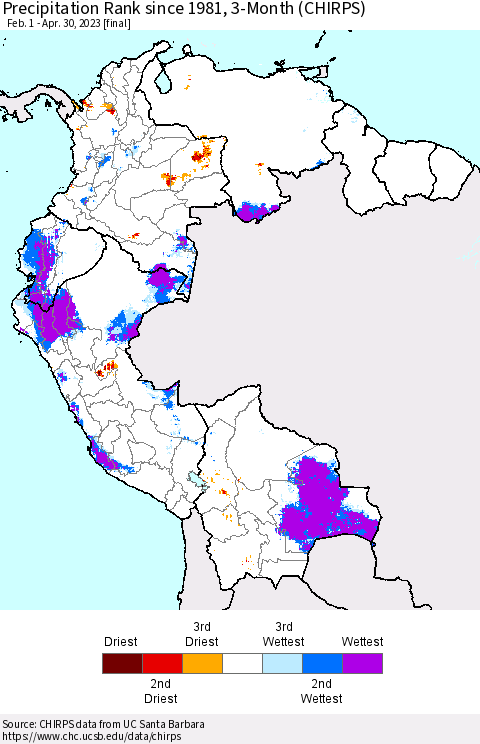 Northern South America Precipitation Rank 3-Month (CHIRPS) Thematic Map For 2/1/2023 - 4/30/2023