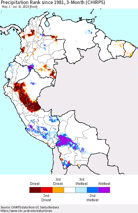 Northern South America Precipitation Rank since 1981, 3-Month (CHIRPS) Thematic Map For 5/1/2023 - 7/31/2023
