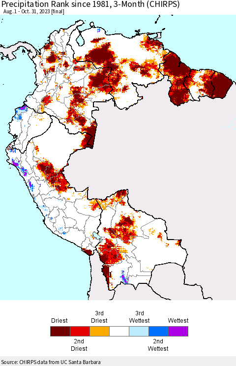 Northern South America Precipitation Rank since 1981, 3-Month (CHIRPS) Thematic Map For 8/1/2023 - 10/31/2023