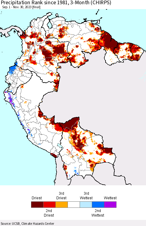 Northern South America Precipitation Rank since 1981, 3-Month (CHIRPS) Thematic Map For 9/1/2023 - 11/30/2023
