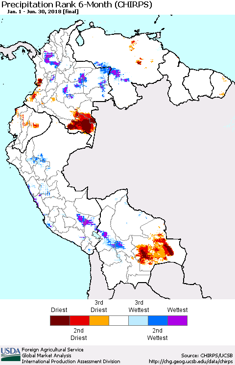 Northern South America Precipitation Rank since 1981, 6-Month (CHIRPS) Thematic Map For 1/1/2018 - 6/30/2018