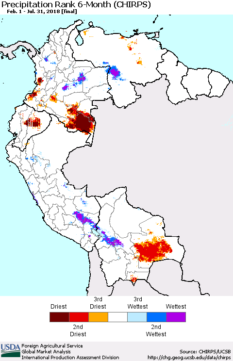 Northern South America Precipitation Rank since 1981, 6-Month (CHIRPS) Thematic Map For 2/1/2018 - 7/31/2018