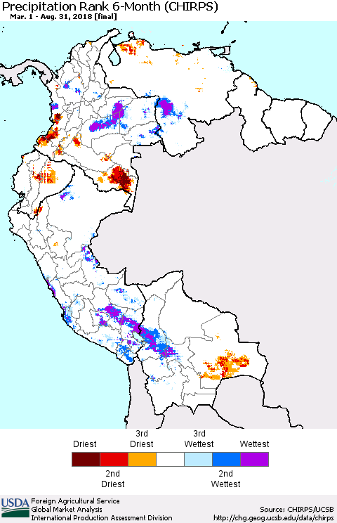 Northern South America Precipitation Rank since 1981, 6-Month (CHIRPS) Thematic Map For 3/1/2018 - 8/31/2018