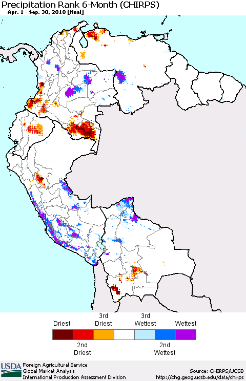 Northern South America Precipitation Rank since 1981, 6-Month (CHIRPS) Thematic Map For 4/1/2018 - 9/30/2018