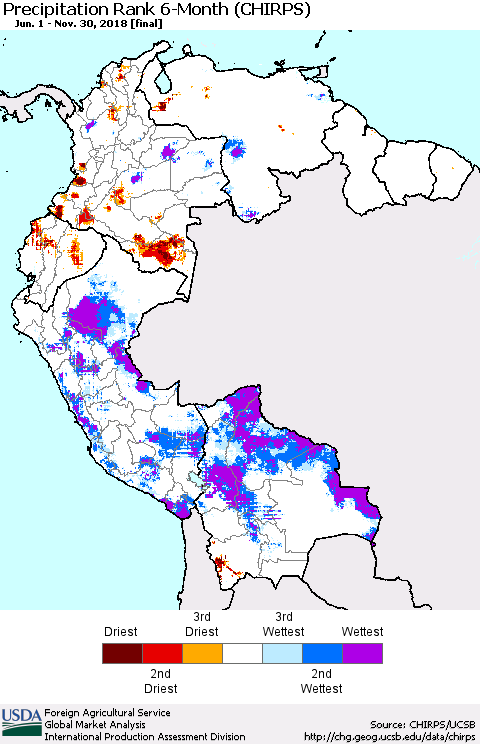 Northern South America Precipitation Rank since 1981, 6-Month (CHIRPS) Thematic Map For 6/1/2018 - 11/30/2018