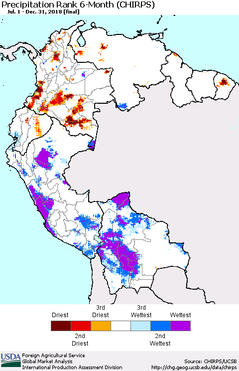 Northern South America Precipitation Rank since 1981, 6-Month (CHIRPS) Thematic Map For 7/1/2018 - 12/31/2018