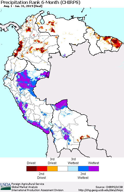 Northern South America Precipitation Rank since 1981, 6-Month (CHIRPS) Thematic Map For 8/1/2018 - 1/31/2019