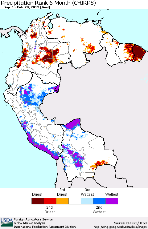 Northern South America Precipitation Rank since 1981, 6-Month (CHIRPS) Thematic Map For 9/1/2018 - 2/28/2019