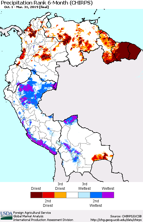 Northern South America Precipitation Rank since 1981, 6-Month (CHIRPS) Thematic Map For 10/1/2018 - 3/31/2019