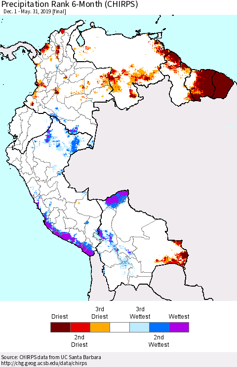 Northern South America Precipitation Rank since 1981, 6-Month (CHIRPS) Thematic Map For 12/1/2018 - 5/31/2019