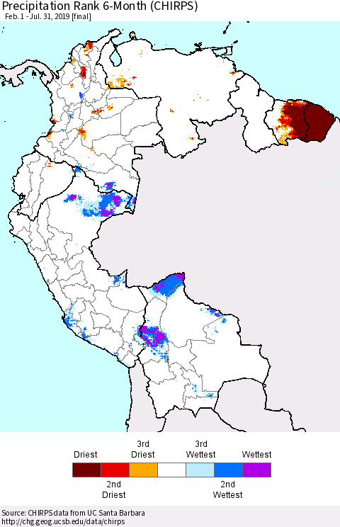 Northern South America Precipitation Rank since 1981, 6-Month (CHIRPS) Thematic Map For 2/1/2019 - 7/31/2019