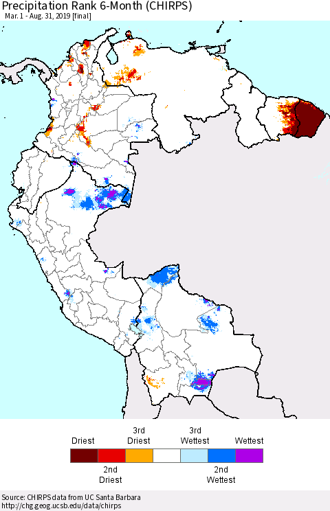 Northern South America Precipitation Rank since 1981, 6-Month (CHIRPS) Thematic Map For 3/1/2019 - 8/31/2019