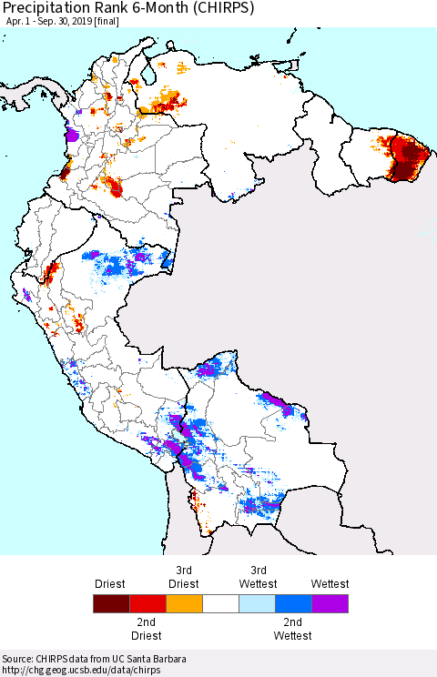Northern South America Precipitation Rank since 1981, 6-Month (CHIRPS) Thematic Map For 4/1/2019 - 9/30/2019