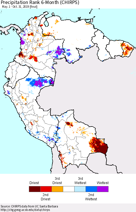 Northern South America Precipitation Rank since 1981, 6-Month (CHIRPS) Thematic Map For 5/1/2019 - 10/31/2019
