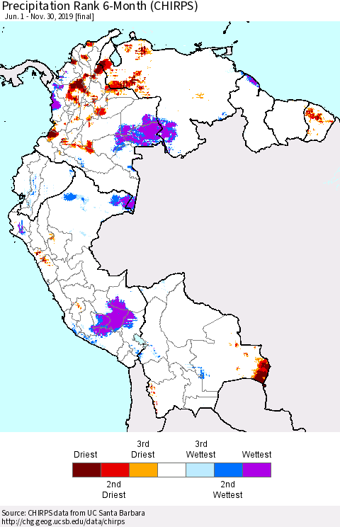 Northern South America Precipitation Rank since 1981, 6-Month (CHIRPS) Thematic Map For 6/1/2019 - 11/30/2019