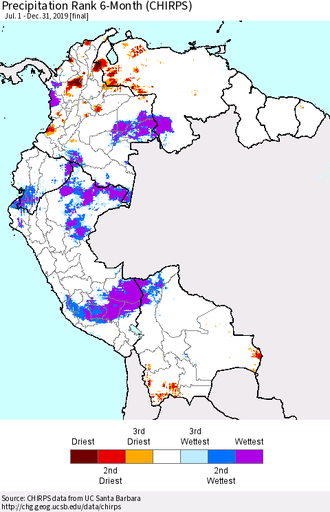 Northern South America Precipitation Rank since 1981, 6-Month (CHIRPS) Thematic Map For 7/1/2019 - 12/31/2019