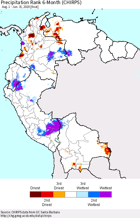 Northern South America Precipitation Rank since 1981, 6-Month (CHIRPS) Thematic Map For 8/1/2019 - 1/31/2020