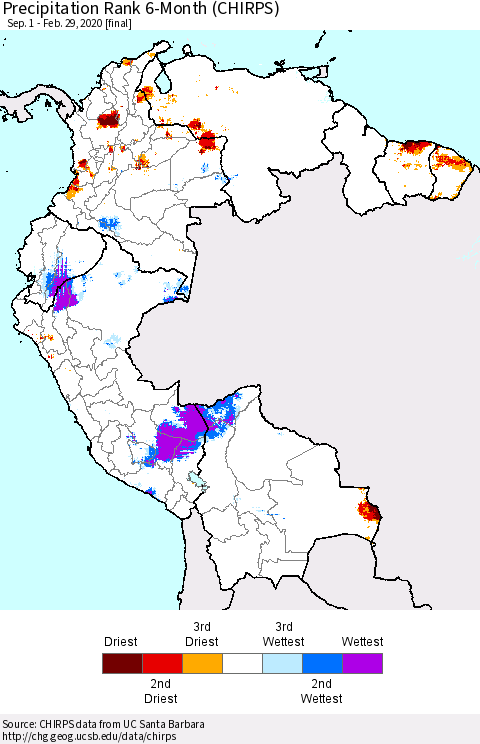 Northern South America Precipitation Rank since 1981, 6-Month (CHIRPS) Thematic Map For 9/1/2019 - 2/29/2020