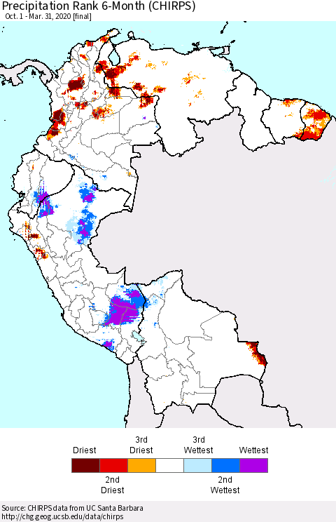 Northern South America Precipitation Rank since 1981, 6-Month (CHIRPS) Thematic Map For 10/1/2019 - 3/31/2020