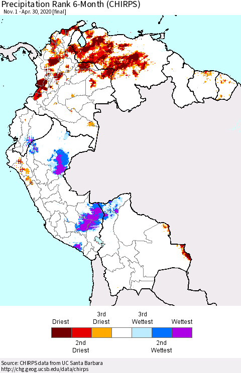 Northern South America Precipitation Rank 6-Month (CHIRPS) Thematic Map For 11/1/2019 - 4/30/2020